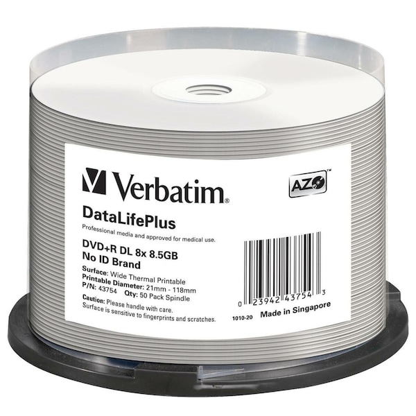 Verbatim Verbatim Dvd+R Dl, 43754, 8.5Gb, 8X, Datalifeplus White Thermal, PK50 43754